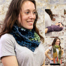 Load image into Gallery viewer, Scarf Cowl and Mitts in Stylecraft Batik Swirl DK Pattern